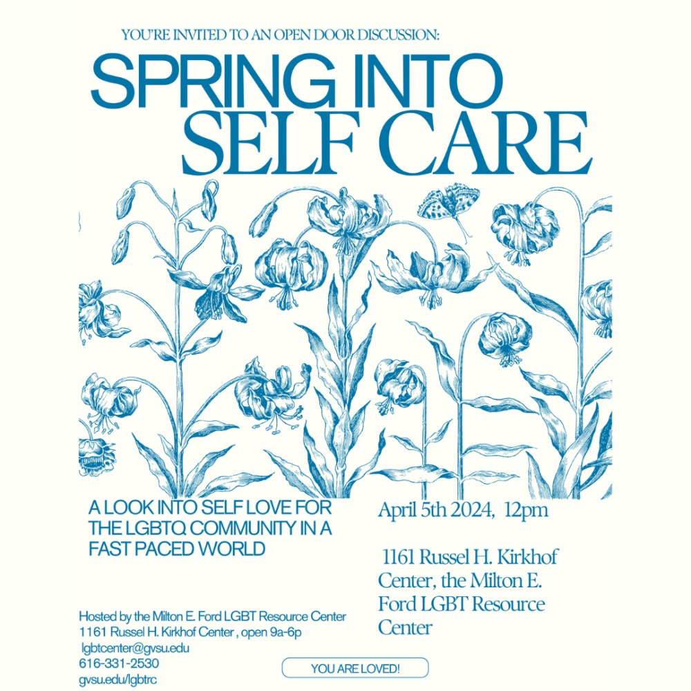 Light blue illustrated flowers with the title: spring into self care