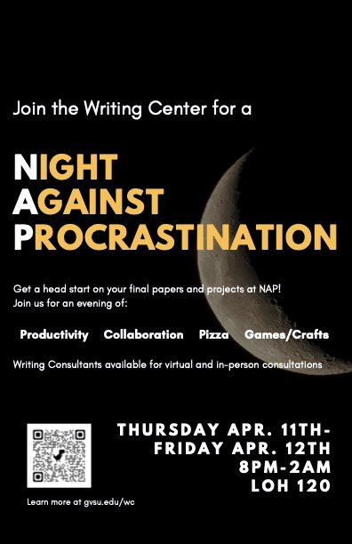Poster for Night Against Procrastination April 11th at 8pm in the Writing Center (Lake Ontario Hall 120)