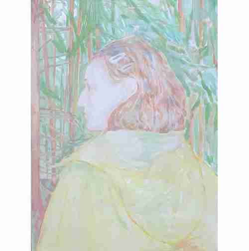 A painting of a girl in the woods