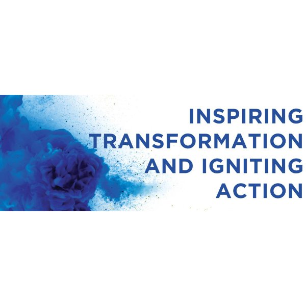 image with dark blue gradient to lighter blue and dots; Inspiring Transforming and Igniting Action