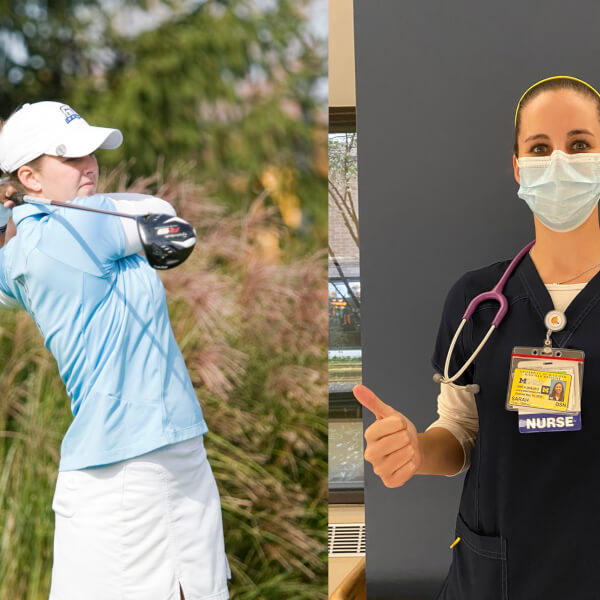 side by side photo of golfer and woman in medical scrubs