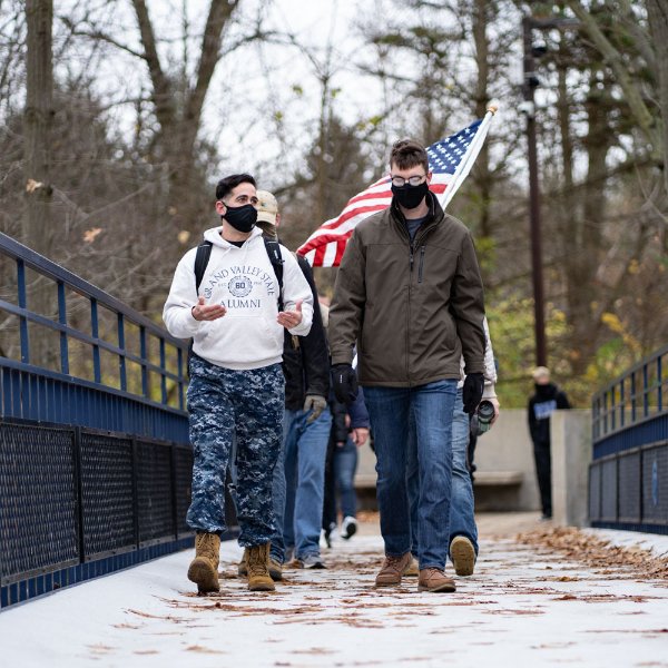 Student veterans taking a hike on the Allendale Campus on Veterans Day.