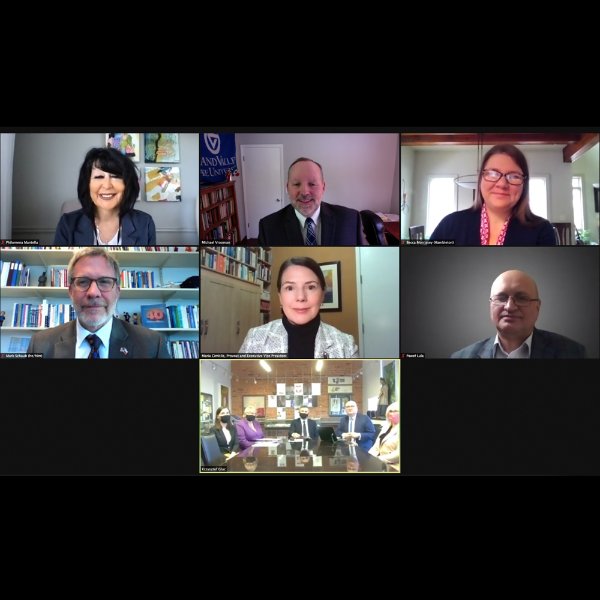 Zoom meeting screenshot of President Mantella, PIC leaders and Cracow University of Economic leaders