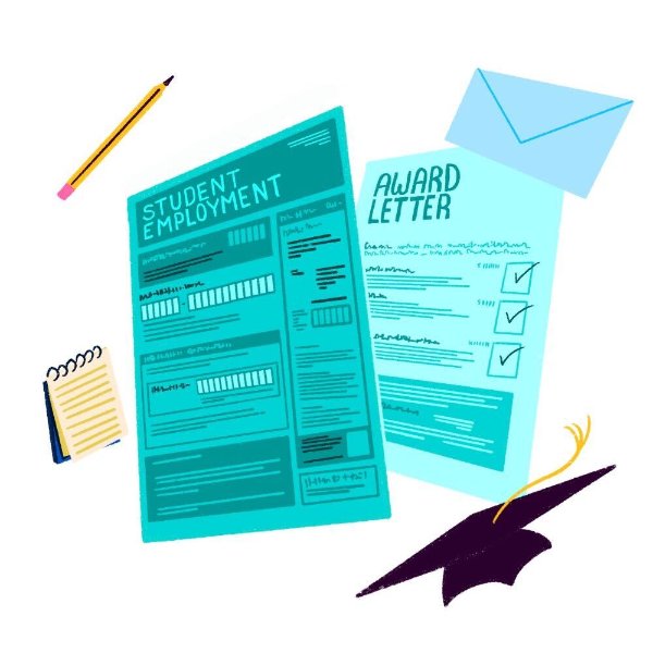 A graphic showing an award letter and student employment form.