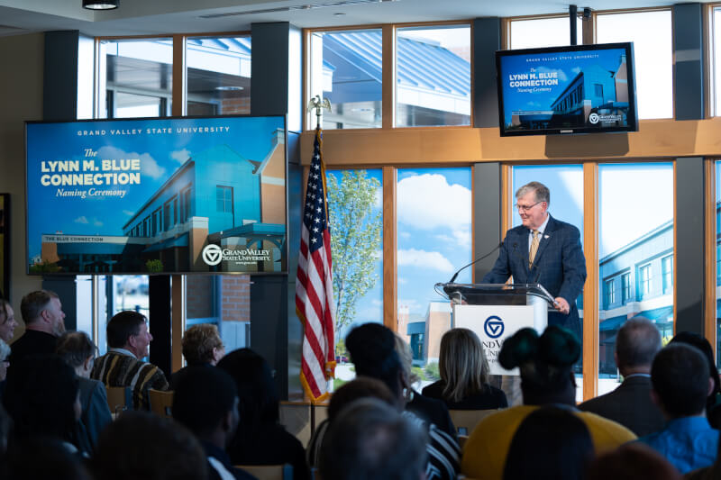 President Thomas J. Haas makes remarks during the naming ceremony for the Lynn M. Blue Connection.