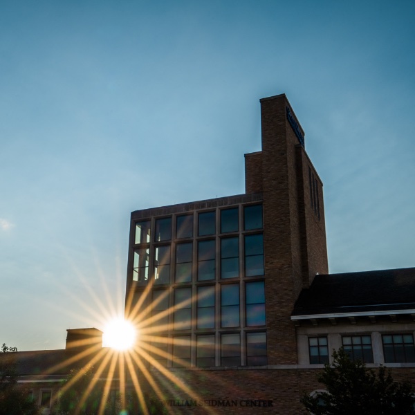 Sun shines through the Seidman College of Business building in downtown Grand Rapids