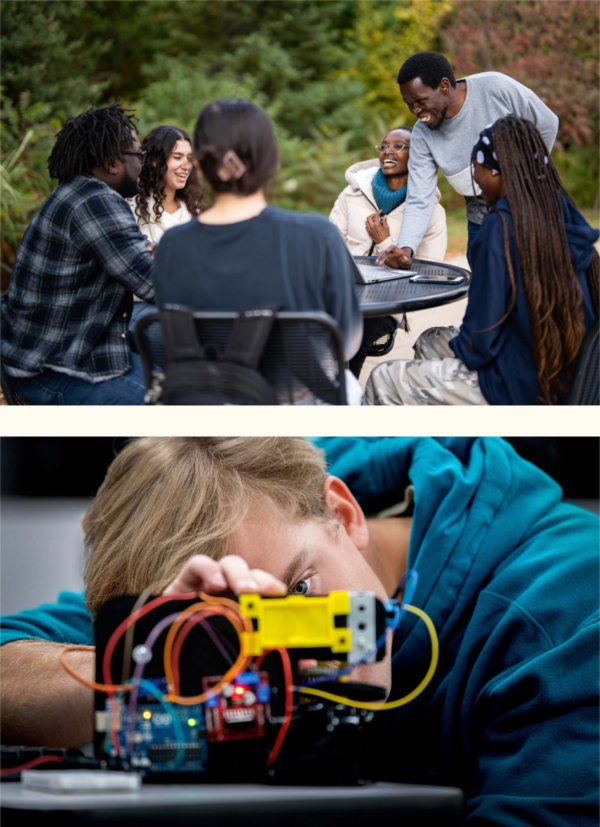 Above photo of college students laughing around a table. Bottom photo is a student's eye looking intently at a robo race project. 
