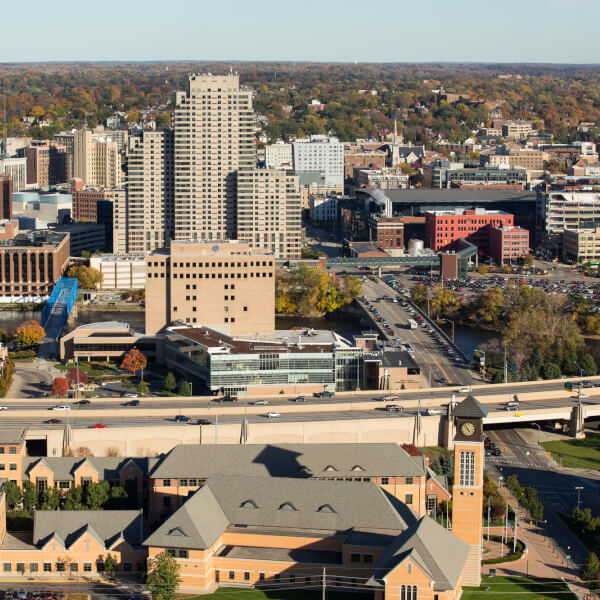 An aerial photo of downtown Grand Rapids