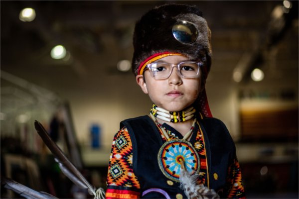 Head junior male dancer Azriel Shananquet, 8, poses for a portrait during Grand Valley&rsquo;s 23rd annual &ldquo;Celebrating All Walks of Life&rdquo; Pow Wow April 13.