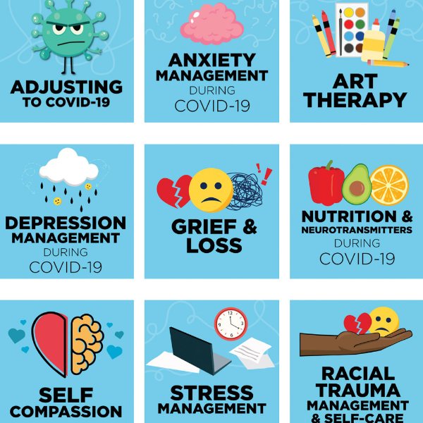 Several icons with blue backgrounds that say a variety of things like "adjusting to COVID-19" and "Grief & Loss"