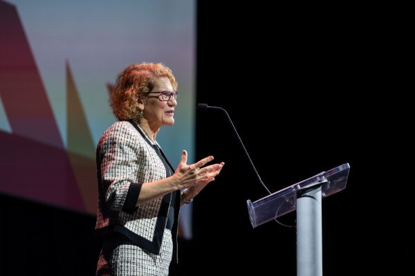 Author Eileen Pollock addresses the crowd during her keynote address at the 50 Most Influential Women event in Grand Rapids. 