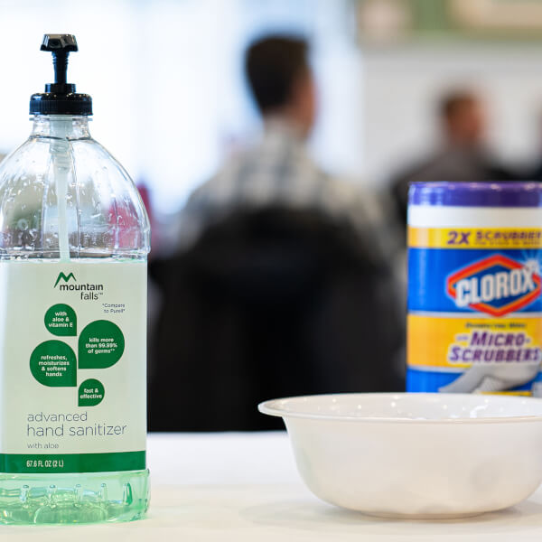 Photo of hand sanitizer on table.
