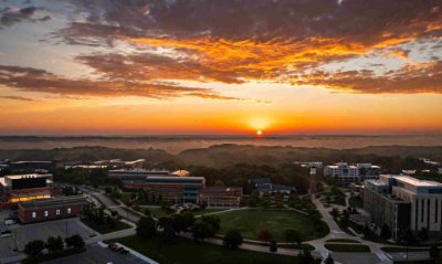 A sunrise is seen in an aerial shot of the Allendale Campus.