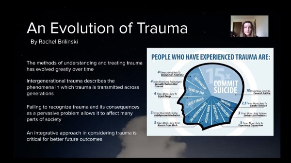 Rachel Brilinski shares a capstone presentation, 'An Evolution of Trauma,' during a LEADS class meeting.