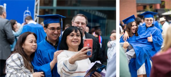 Left, a family takes a selfie together. Right, one graduate hoists another in their arms to celebrate.