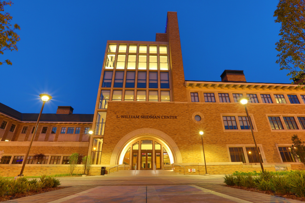 Seidman Center at night.