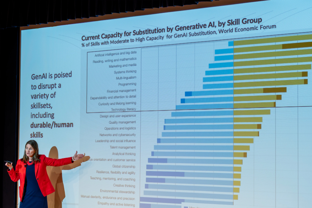 a woman presenting in front of a screen