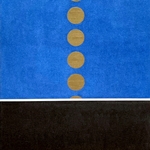 abstract image of horizon with gold circles going up skyline off of top of page with black ground below