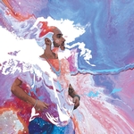 Painting of young man in white shirt with swirling paint colors of pink, red, white, blue, and purple around his body
