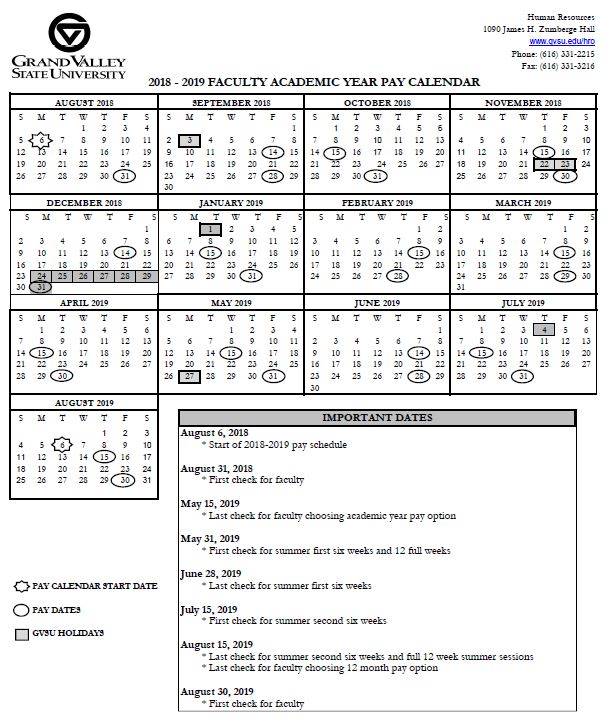 Pay and Holiday Calendars Payroll Office Grand Valley State University