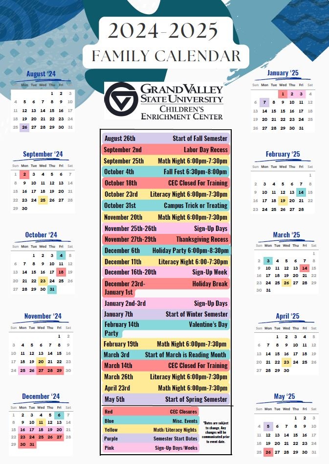2024-2025 Family Calendar - NEWS & EVENTS - Children's Enrichment Center - Grand Valley State University