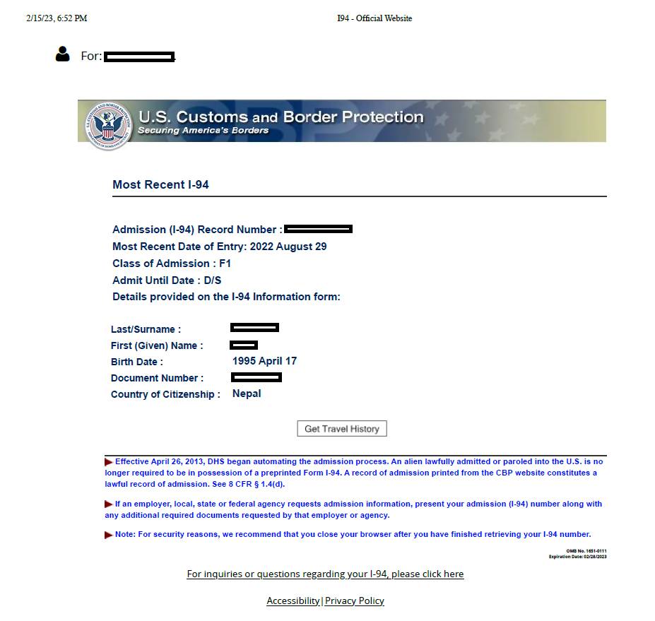 Sample image of I-94 document