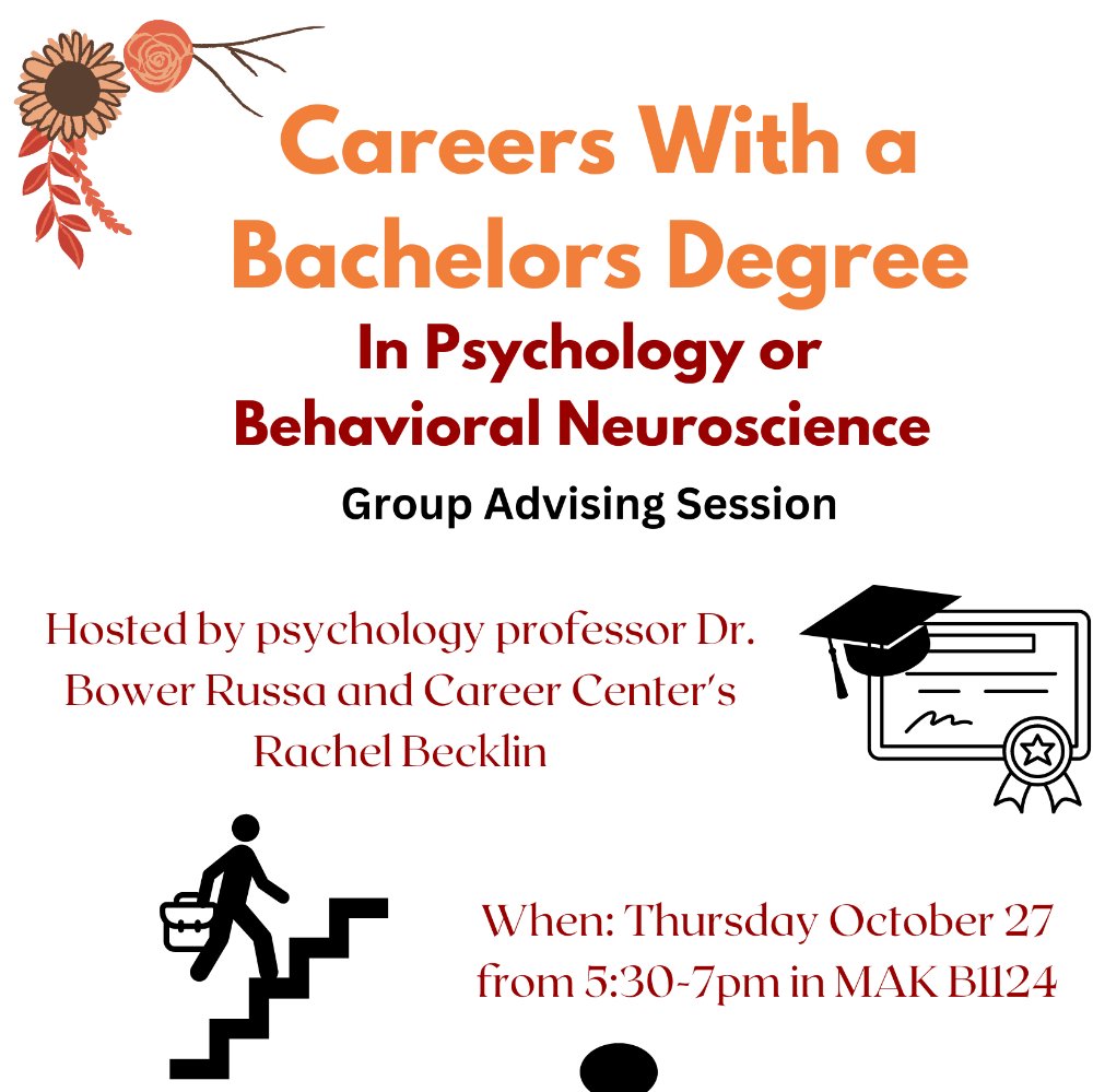 Careers with a Bachelors Degree in Psychology or Behavioral Neuroscience Group Advising Event on 10/27 from 5:30-7pm in MAKB1124