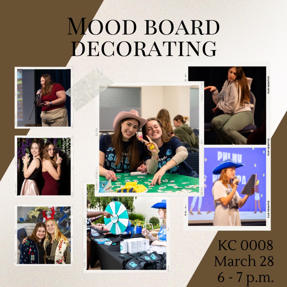 a collage of CAB students emceeing events, doing crafts, and back to back smiling