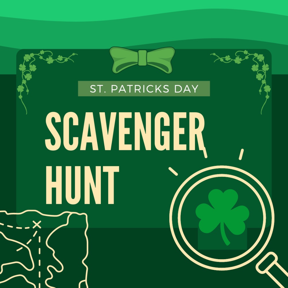 green waves at top with a green bow above the words St. Patrick's Day and a magnifying glass with a shamrock