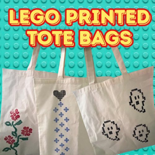 Three tote bags with designs (flowers,hearts, ghosts) against a turqoise Lego blcok background.