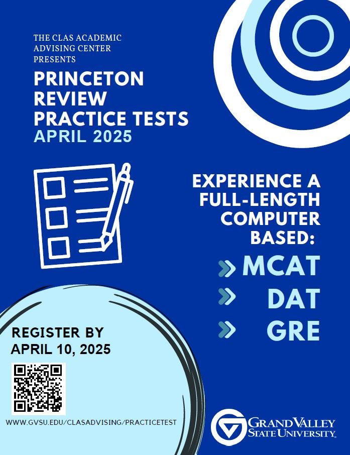 Flyer with link to registration page, www.gvsu.edu/clasadvising/practicetest