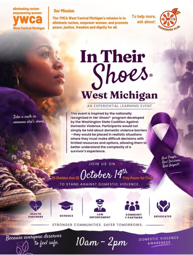 white background with a woman, purples tennis shoes and a purple ribbon