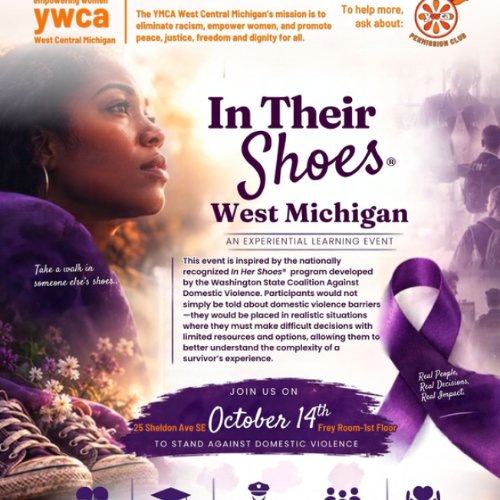 white background with a woman, purples tennis shoes and a purple ribbon