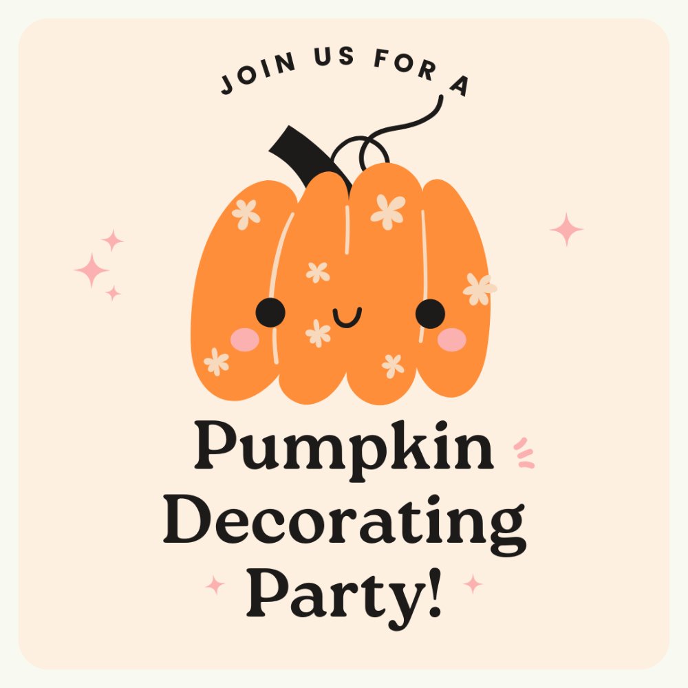Join us for a pumpkin decorating party! Cute, welcoming cartoon pumpkin smiling