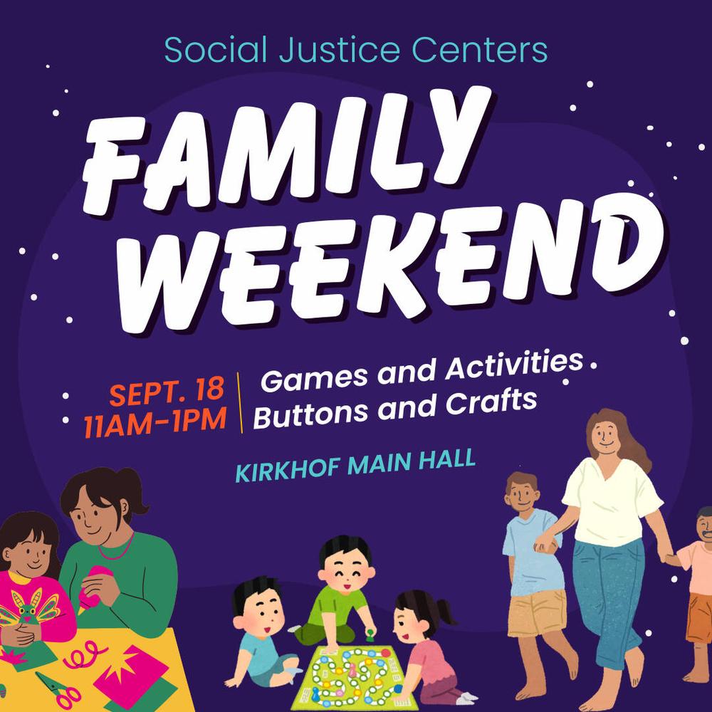 Cartoon families crafting and playing games at under text reading "Family Weekend: Games and Activities, Buttons and Crafts"