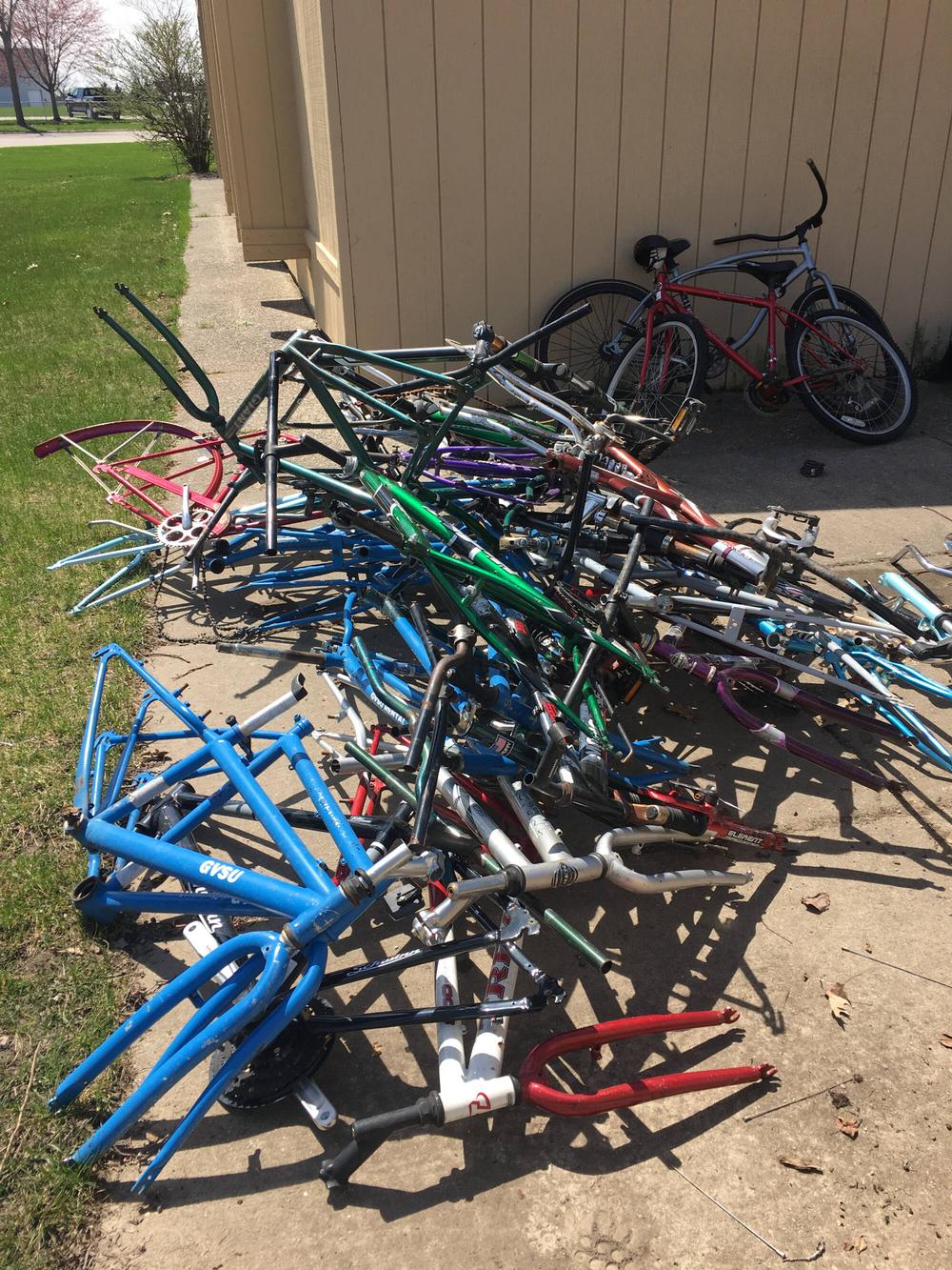 heap of bicycle frames awaiting to be recycled.