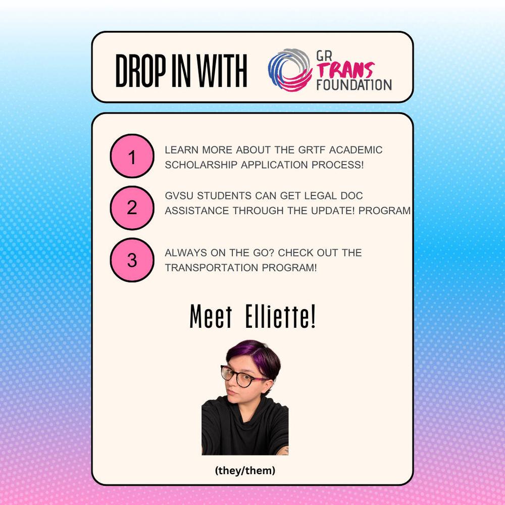 Trans flag color gradient in the background with a cream text box reading "drop in with GRTF!" and showing Elliette's picture with short purple hair and glasses