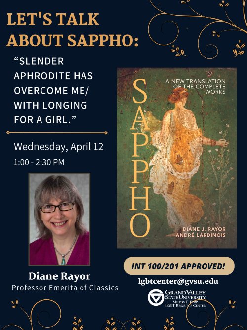 Flyer for event with a photo of Professor Rayer and her new book cover (green background with golden lettering)
