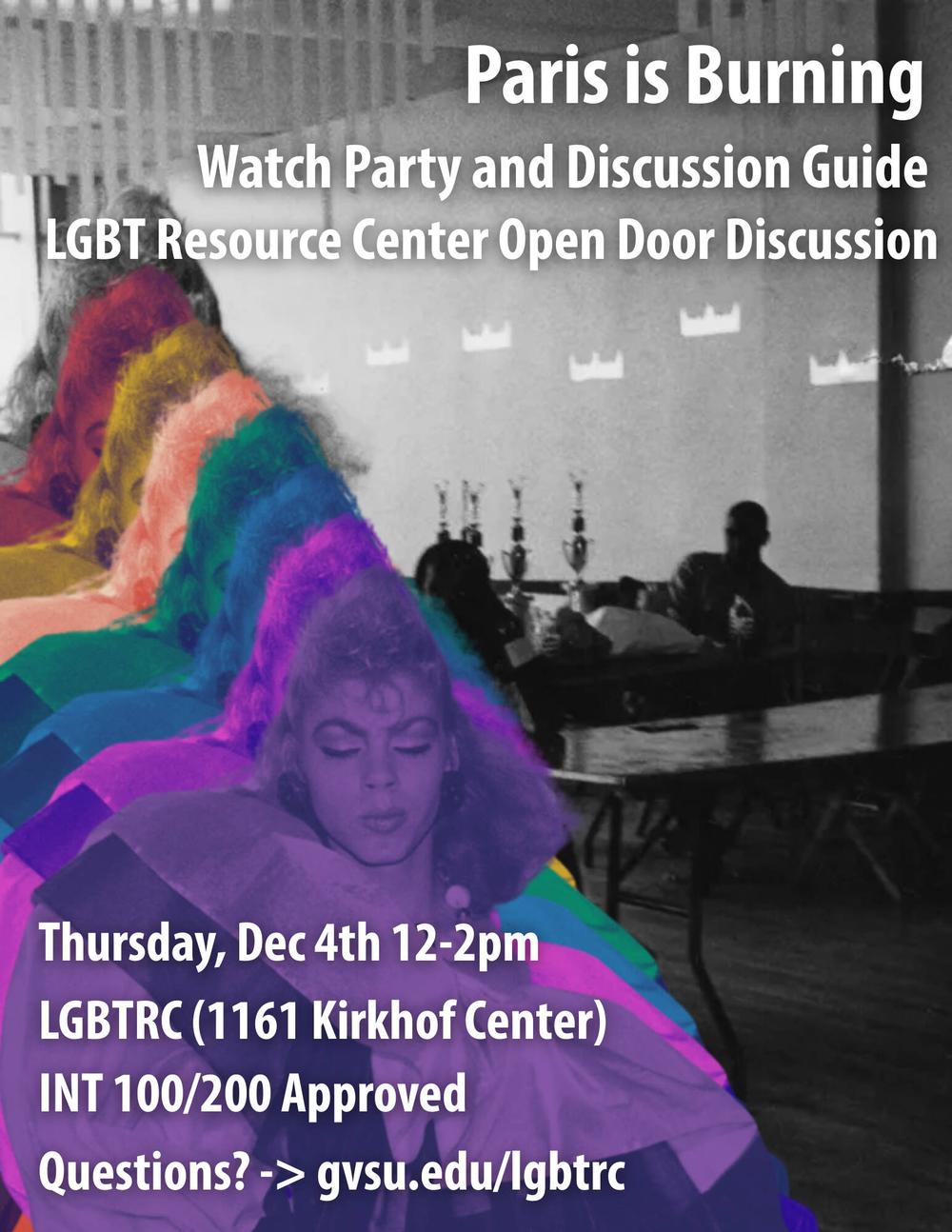 A black and white still from paris is burning with a rainbow overlay of figures from the movie has text reading "Paris Burning watch party and discussion guide"