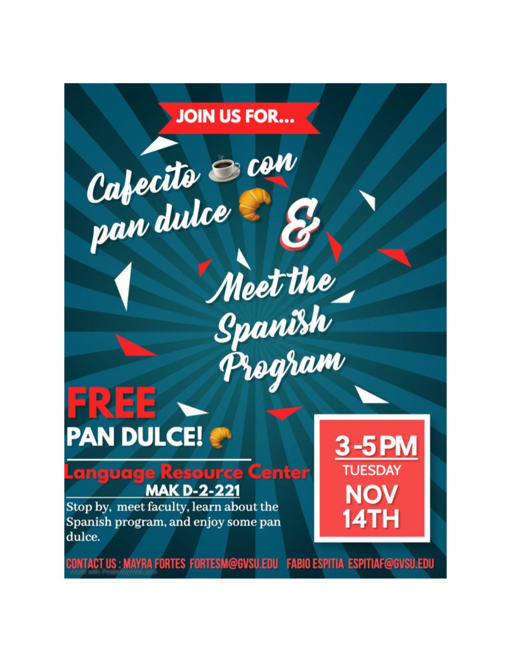 Flyer with information about cafecito con pan dulce meet the spanish program