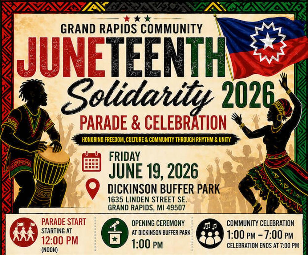 GR Community Juneteenth Celebration flyer with date, time, and location details