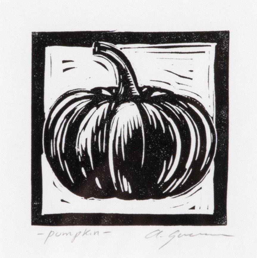 A black and white print of a pumpkin. The pumpkin is on a white background and surrounded by a black frame. The word "pumpkin" is on the bottom left, and the signature "A. Guerra" is on the bottom right.