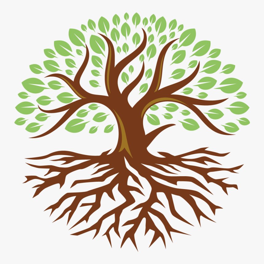 graphic image of a tree with several branches with green leaves and deep roots