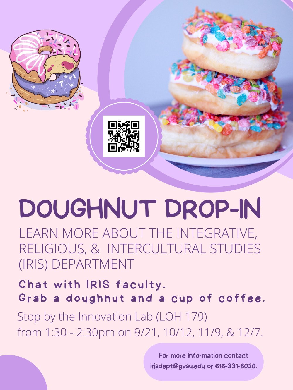 bright colors with doughnuts advertising IRIS doughnut drop in