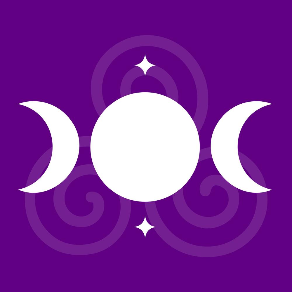 A white image of a moon waxing, whole, and waning to symbolize Wicca over a purple background with spirals.