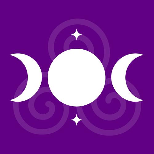 A white image of a moon waxing, whole, and waning to symbolize Wicca over a purple background with spirals.