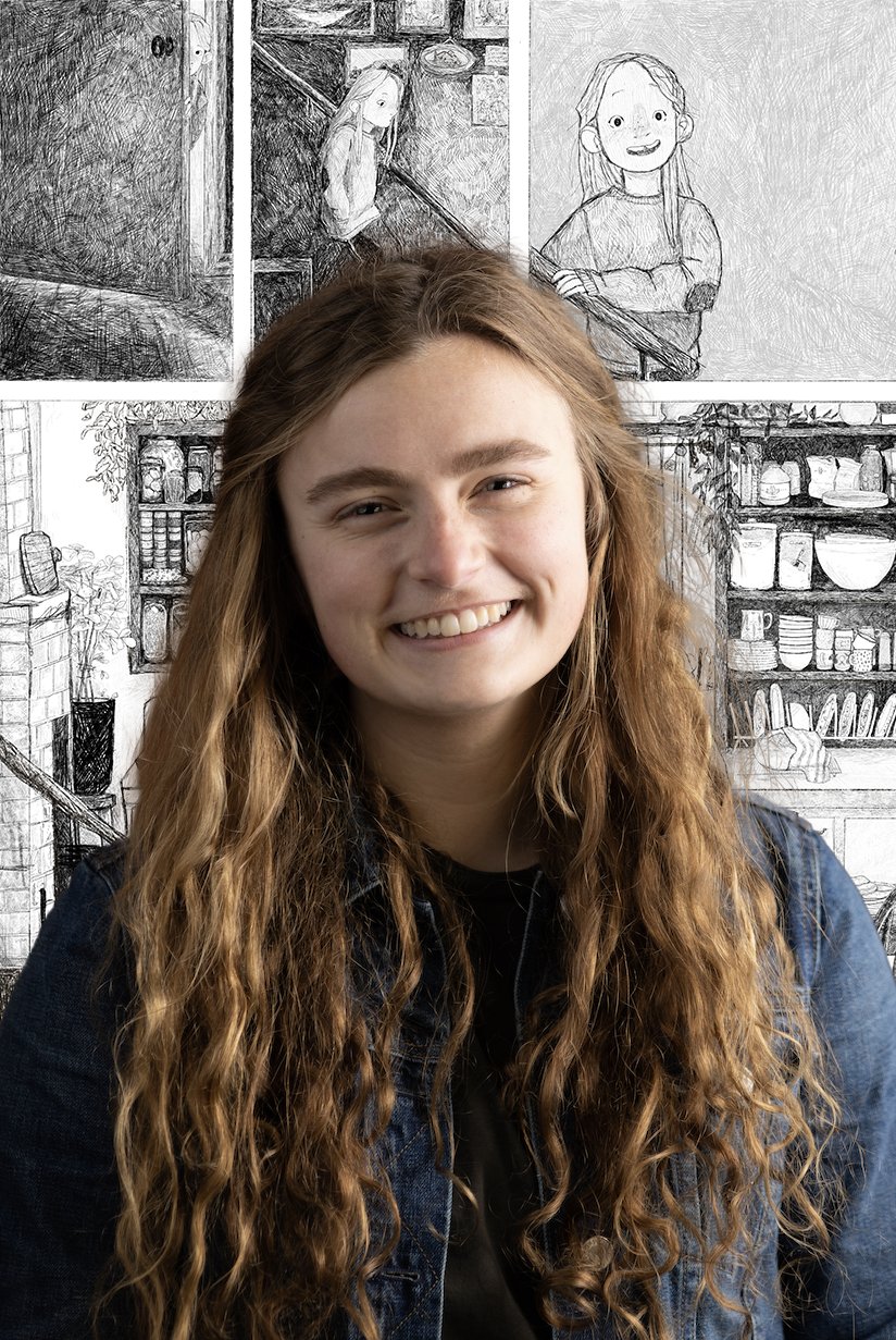 A smiling woman with auburn hair in front of an illustrated series of black and white panels from a graphic novel.