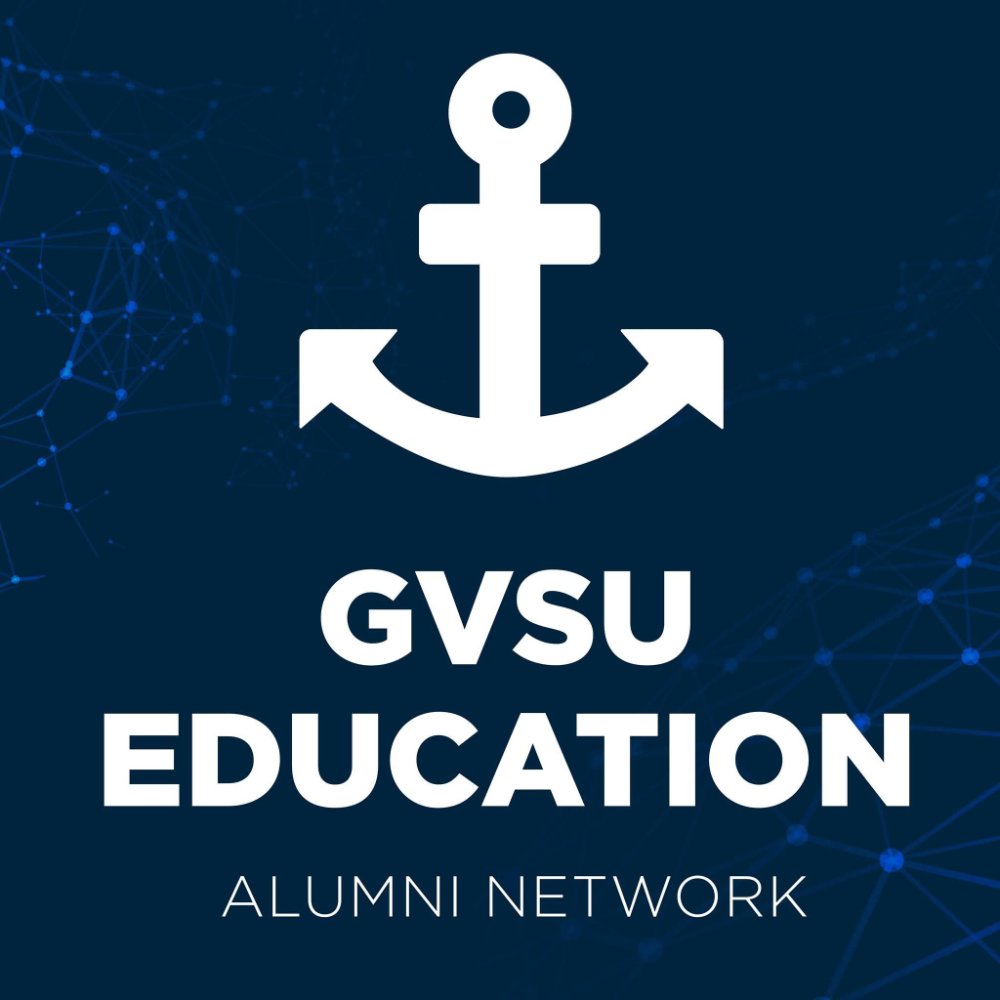 "GVSU Education alumni network" text with anchor graphic blue background