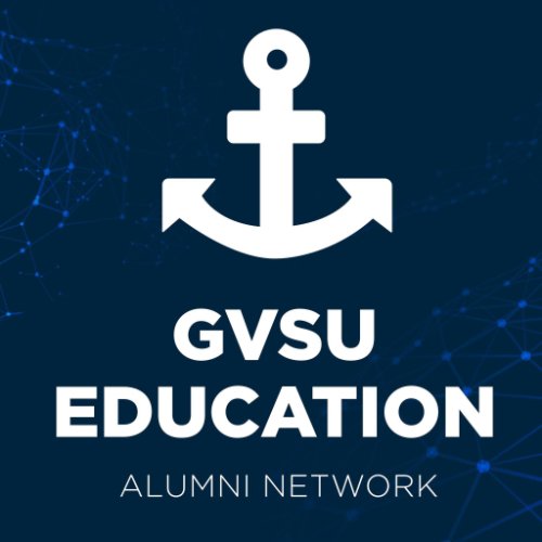 "GVSU Education alumni network" text with anchor graphic blue background
