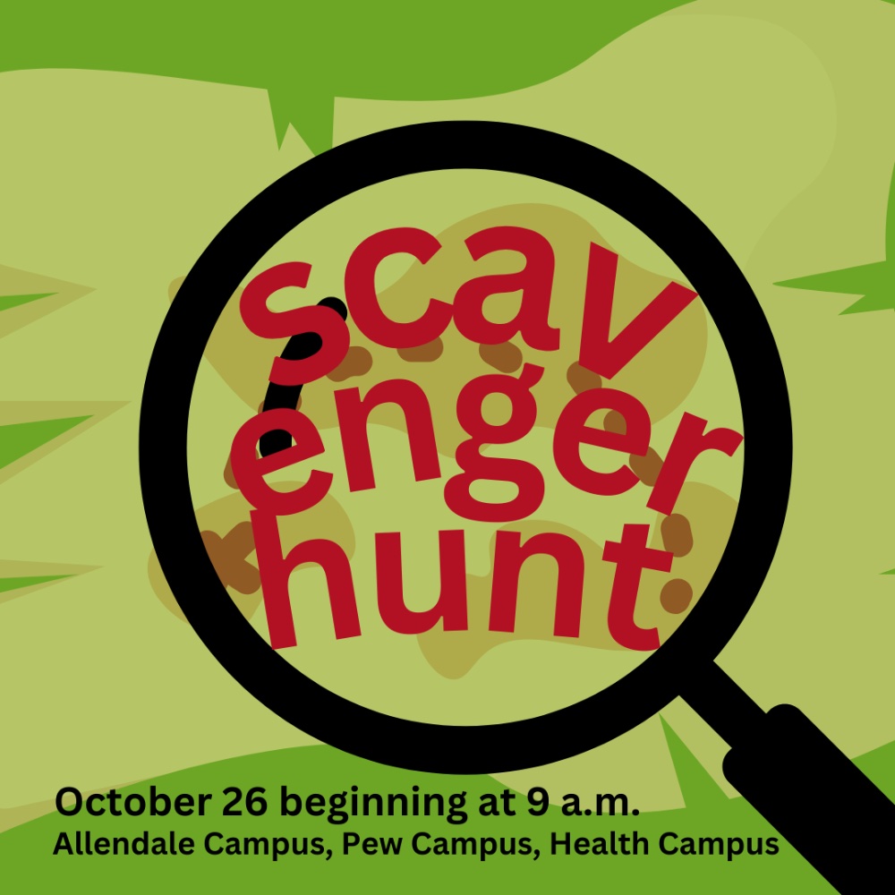 cartoon map behind a magnifying glass that says scavenger hunt